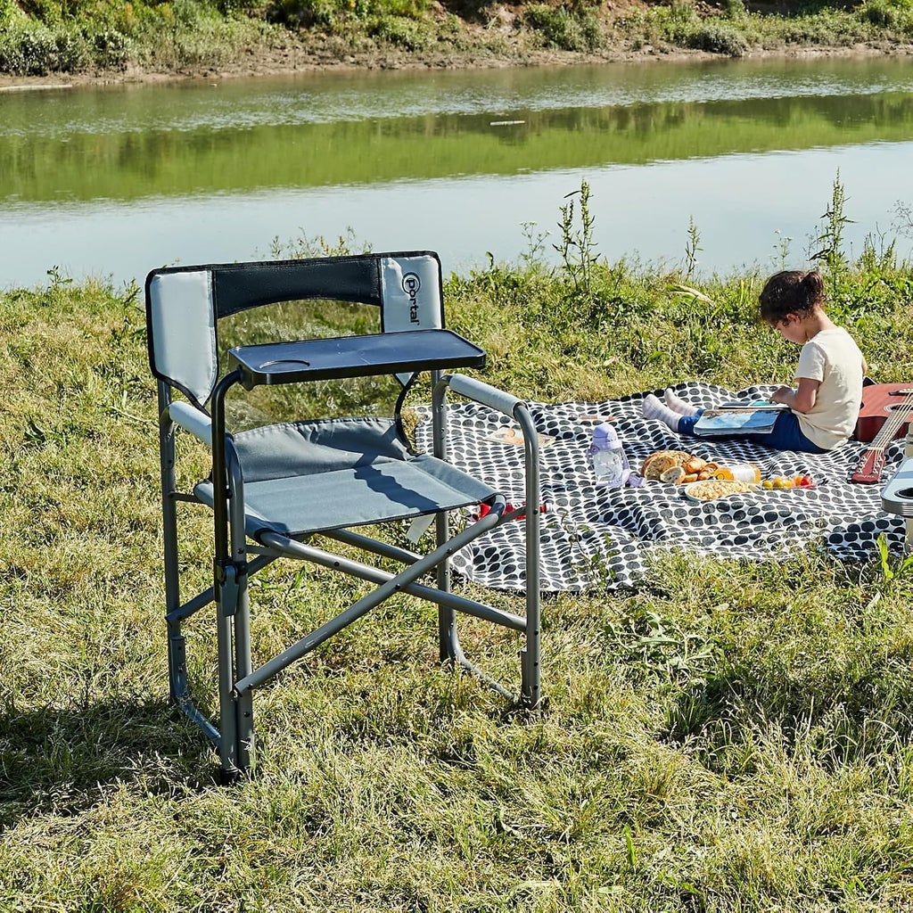 Portal Director Camping Chair with 2-Way Rotating Side Table, 300 lb, Gray | Height-Adjustable Swivel Tray with Cup Holder, Breathable Mesh Back, Portable for Camping, Tailgating, Lawn and RV Travel