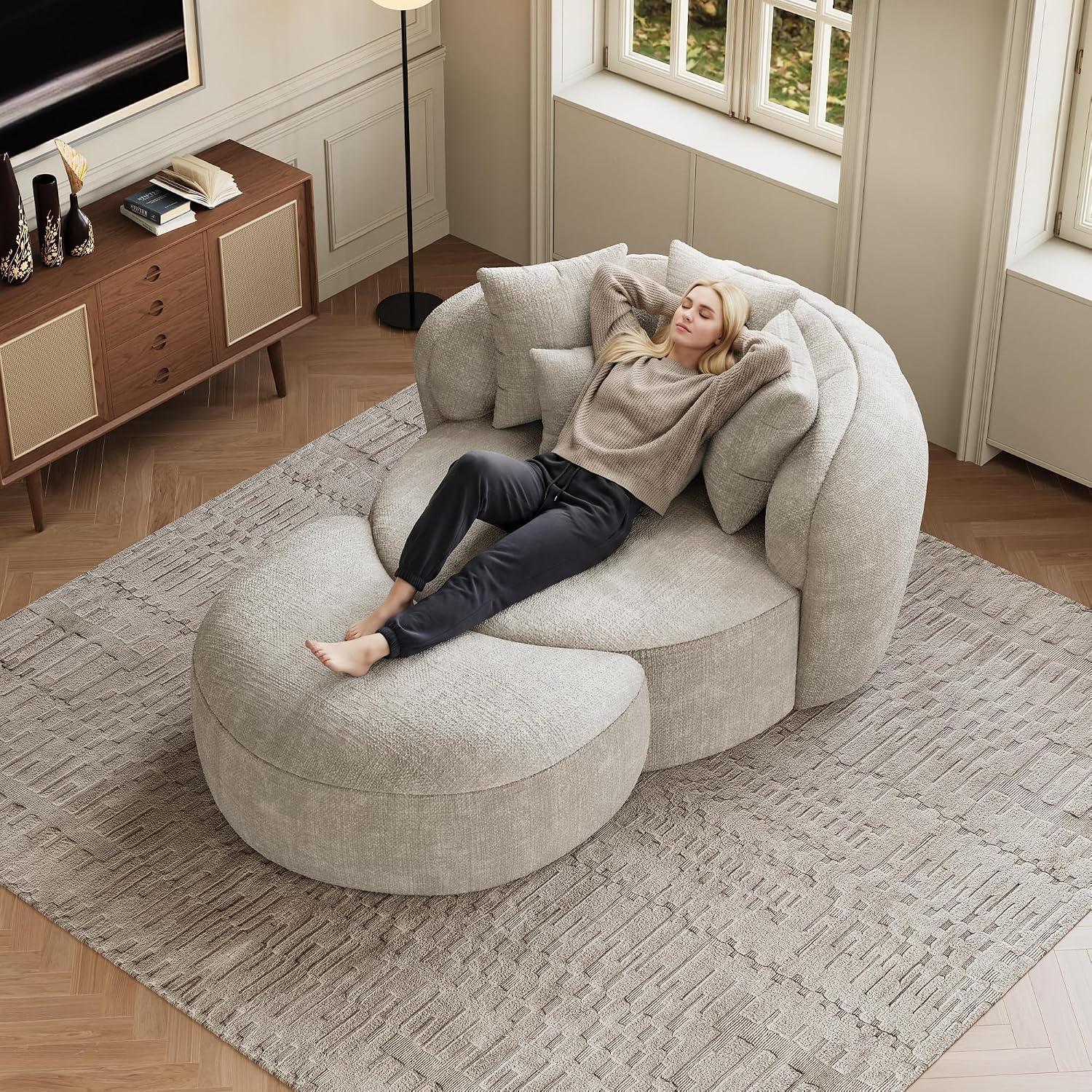 53.5" Oversized Round Chaise Lounge with Ottoman, Chenille, Beige White | Deep Seating Chair, Soft Chenille, a Matching Ottoman Offer Cloud-like Comfort for Reading, Lounging and Relaxing