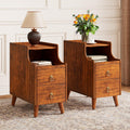 Set of 2 Solid Wood Narrow Nightstand with 2 Drawers, Fully Assembled Skinny Night Stand with Pull-out Tray for Bedroom, Pre-Assembled Vintage Wooden Slim Side Table for Small Space, 21.7x11.8x23in