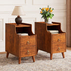 Set of 2 Solid Wood Narrow Nightstand with 2 Drawers, Fully Assembled Skinny Night Stand with Pull-out Tray for Bedroom, Pre-Assembled Vintage Wooden Slim Side Table for Small Space, 21.7x11.8x23in