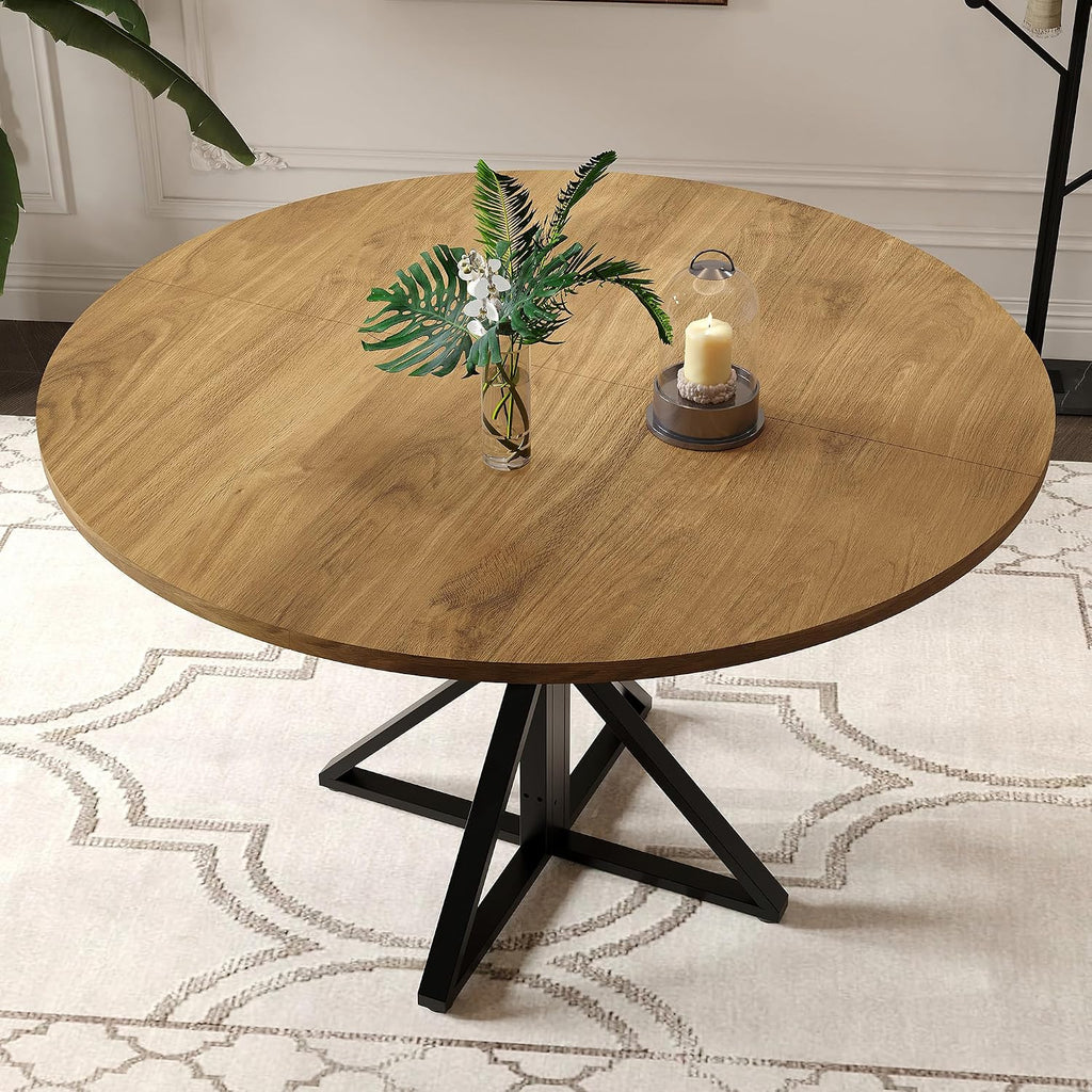 GarveeHome 47 Inch Round Dining Table for 4, Circle Kitchen Table with Pedestal Base, Farmhouse Wooden Dining Table for Small Spaces, Kitchen & Dining Room, Living Room（Brown/Only Table）