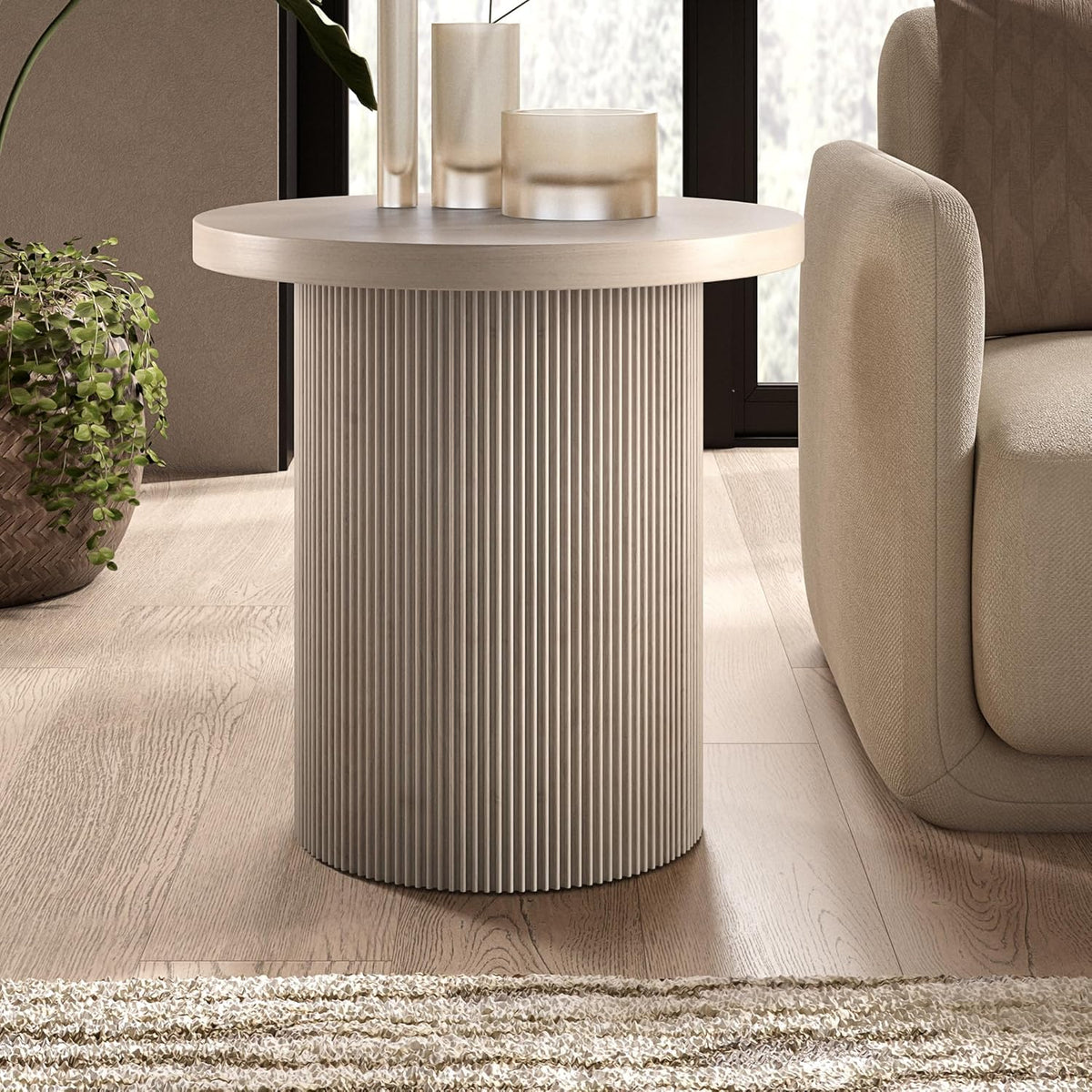Henn&Hart 22'' Fluted Modern Wooden Round End Table, Ribbed Side Table, Nightstand for Living Room, Office, Family Room, or Bedroom, Alder White