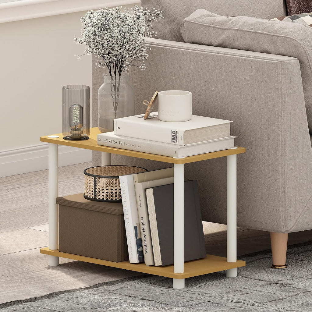Furinno Turn-N-Tube Side Table, 2-Tier Wide End Table with Open Shelf, Toolless Assembly Night Stand, Bedside Table, for Living Room, Bedroom, Light Beech