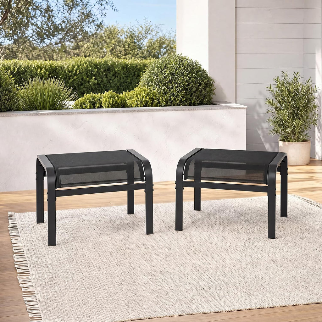 Outdoor Ottoman Set of 2, Outdoor Foot Stool with Textliene Fabric, Metal Frame, Stackable Oversized Foot Rest for Patio Garden Pool, Black