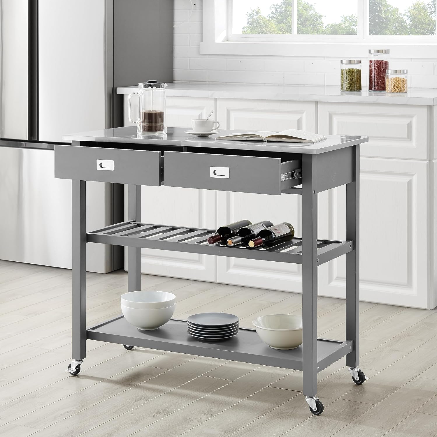Crosley Furniture Chloe Rolling Kitchen Island | Storage Cart, Microwave Stand, Wine Rack, Gray