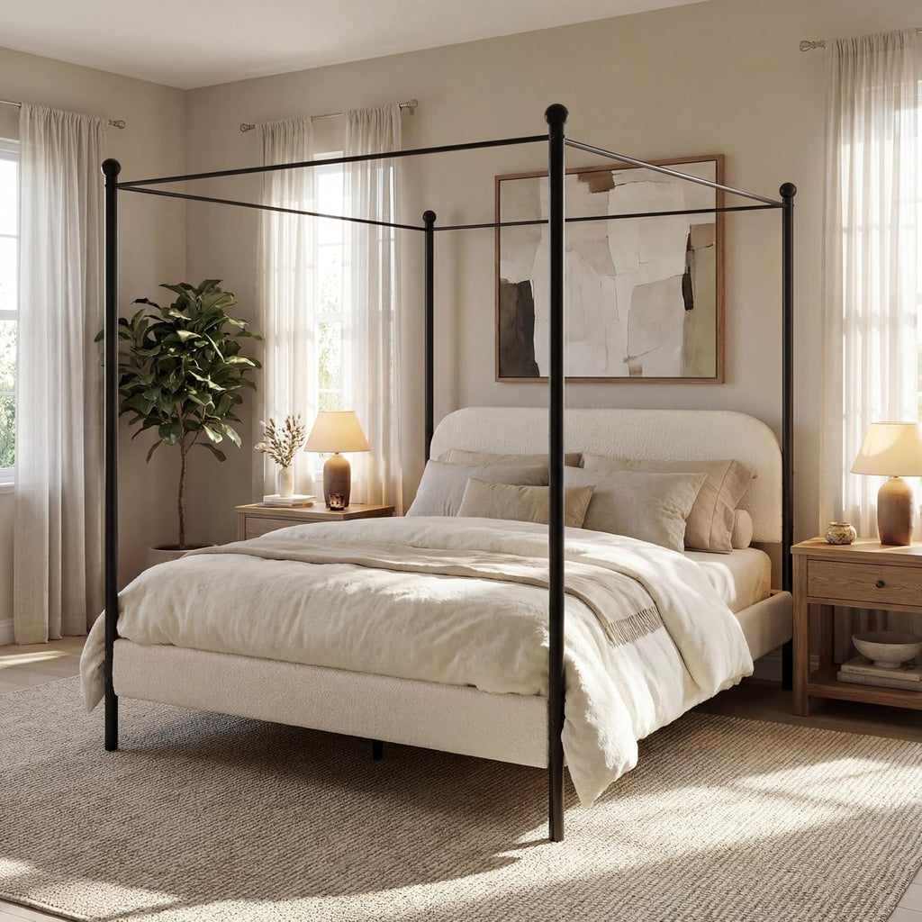 Christopher Knight Home Queen Size Upholstered Canopy Bed Frame with Boucle Fabric, Curved Headboard and Iron Legs, Modern Platform Bed Frame with Slats No Box Spring Needed, White