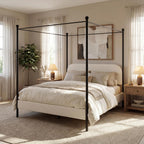 Christopher Knight Home Queen Size Upholstered Canopy Bed Frame with Boucle Fabric, Curved Headboard and Iron Legs, Modern Platform Bed Frame with Slats No Box Spring Needed, White