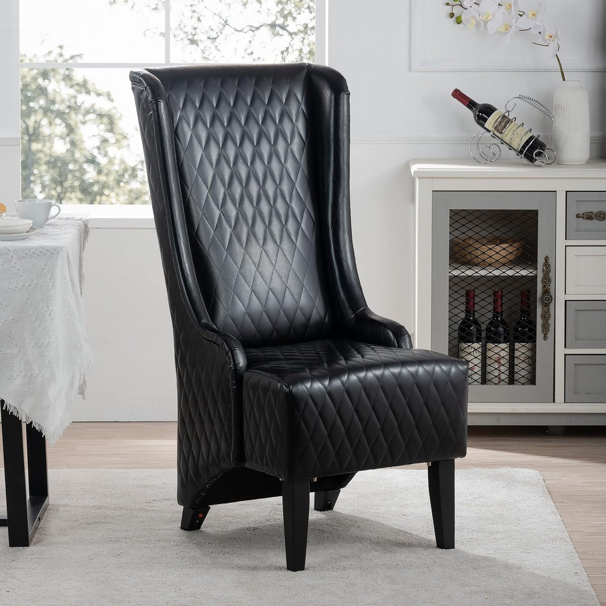 Henf High Back Dining Chair Set of 2, Upholstered Wing Back Dining Chairs King Throne Royal Chair, Retro Accent Dinner Chairs for Dining Room, Dressing Room, Bedroom, Living Room, Black PU Leather