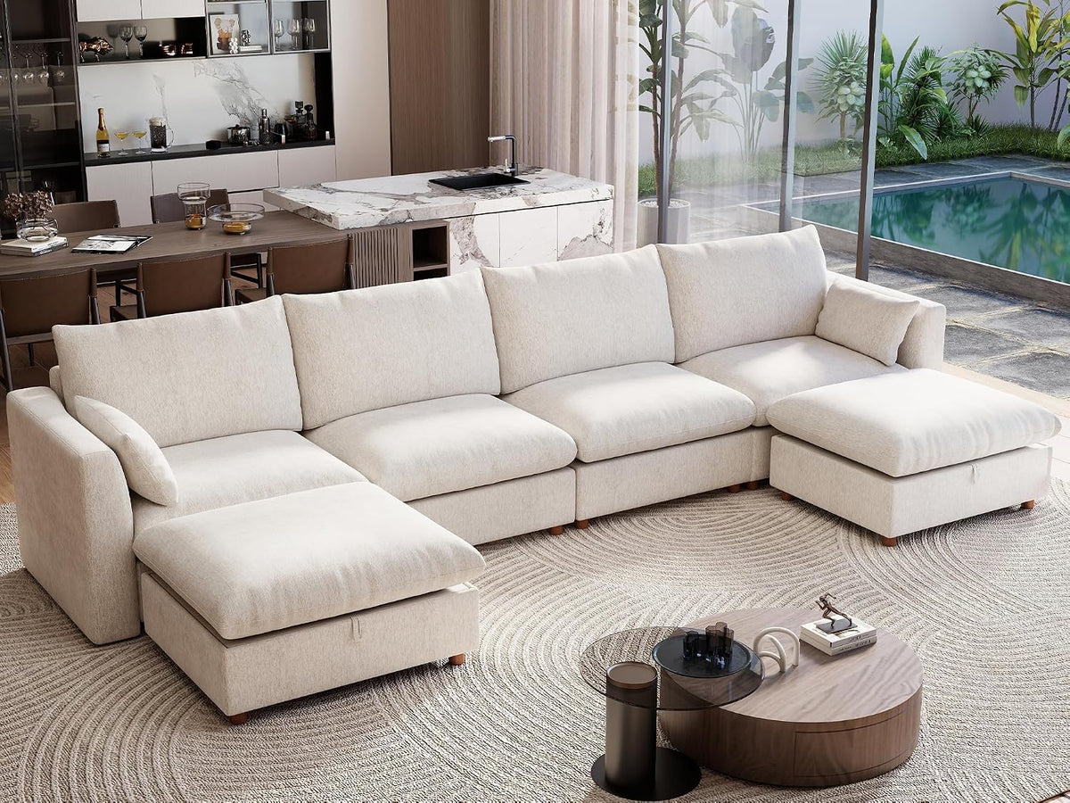 Ihanherry 152" Oversized Modular Sectional Sofa, Modern U Shaped Cloud Couch with 2 Storage Ottoman, 6-Seat Comfy Chenille Deep Seat Sofa with 2 Pillows for Living Room, Beige