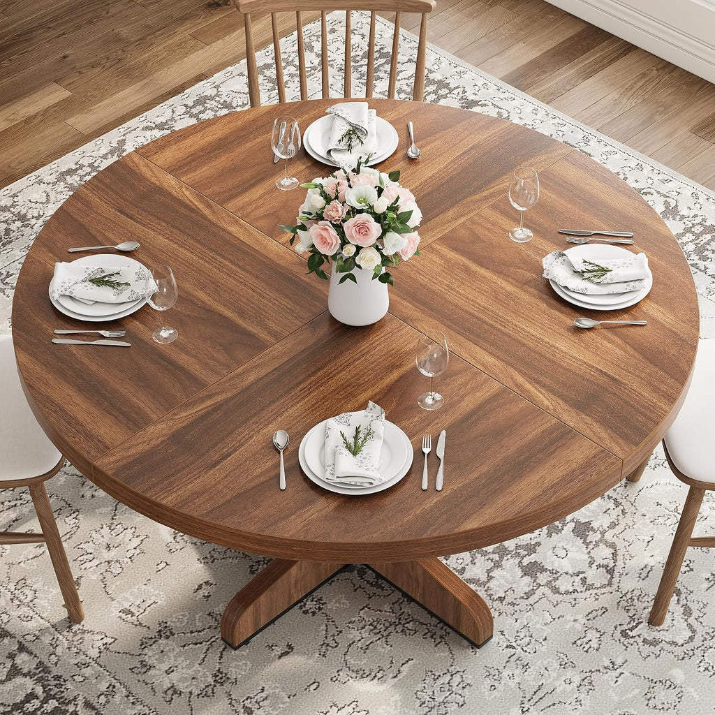 Garvee 47 Inch Round Dining Table for 4, Farmhouse Kitchen Dining Room Circle Dinner Table, Kitchen Dining Room Furniture, Walnut (Table Only)