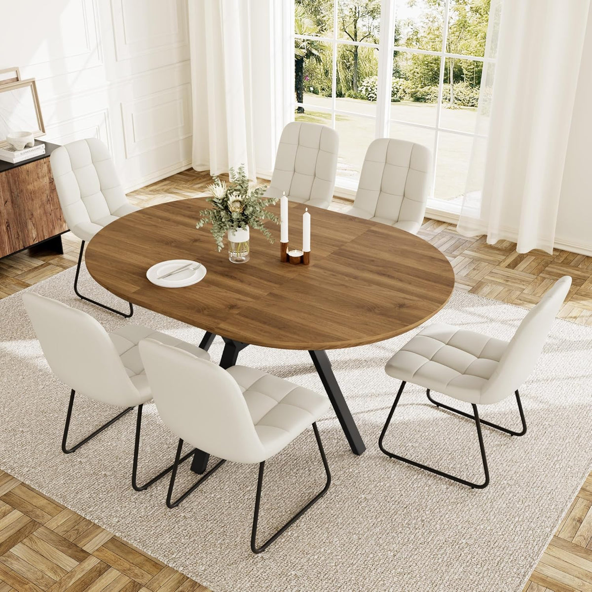 HIPIHOM Extendable Round Dining Table Set for 6 People, 43.3"-59.1" Extendable Kitchen Table with 6 Upholstered Chairs, Space Saving for Kitchen Dining Room (Walnut Table+6 U-Shaped White Chairs)