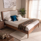 SOFTSEA Solid Wood Queen Bed Frame with Upholstered Headboard, Mid Century Modern Platform Bed Queen Size with Tapered Legs, Walnut