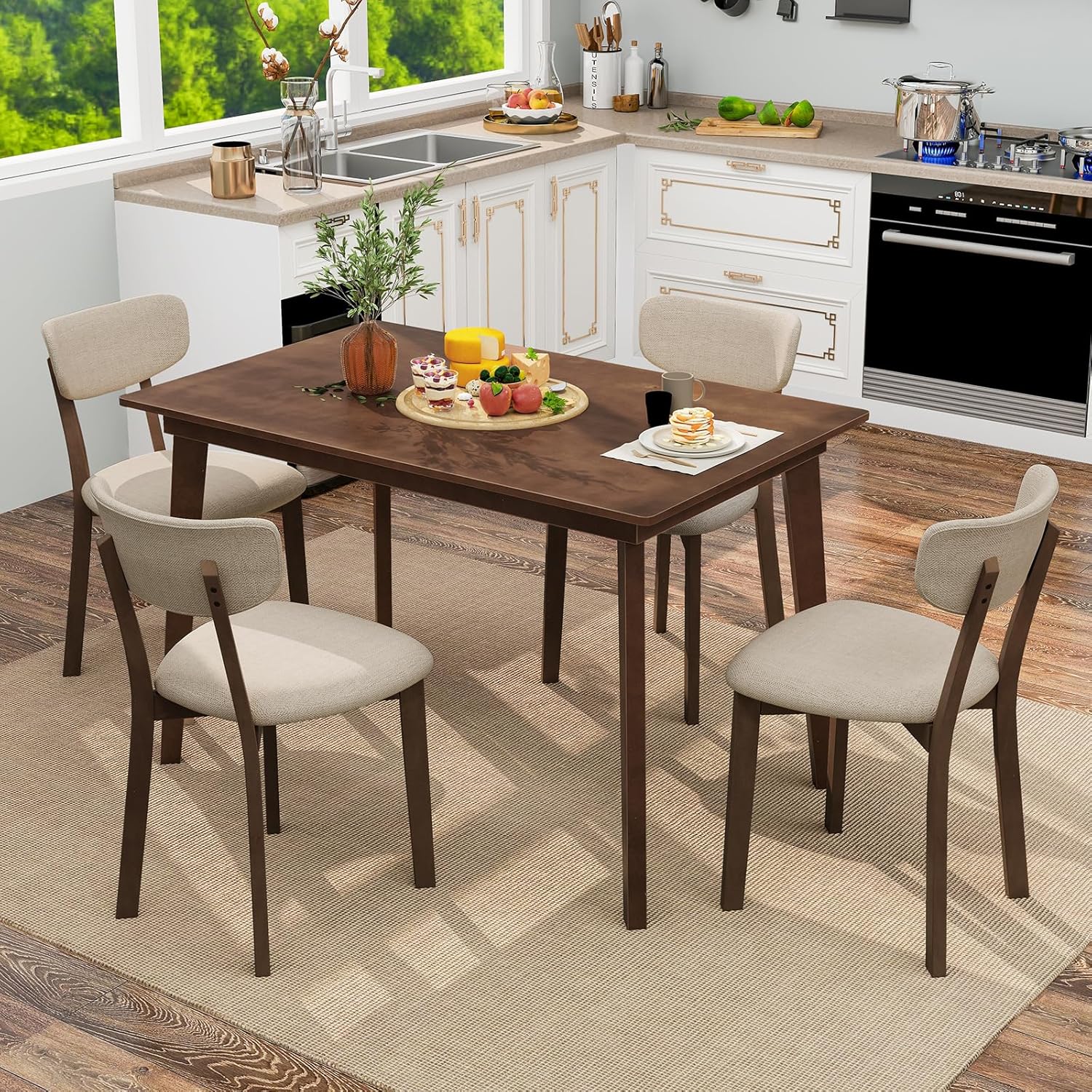Giantex Dining Table for 4, 48" Rectangular Wooden Kitchen Table with Solid Rubber Wood Legs, Mid Century Modern Dinner Table for Dinette, Living Room, Home Office (Brown)