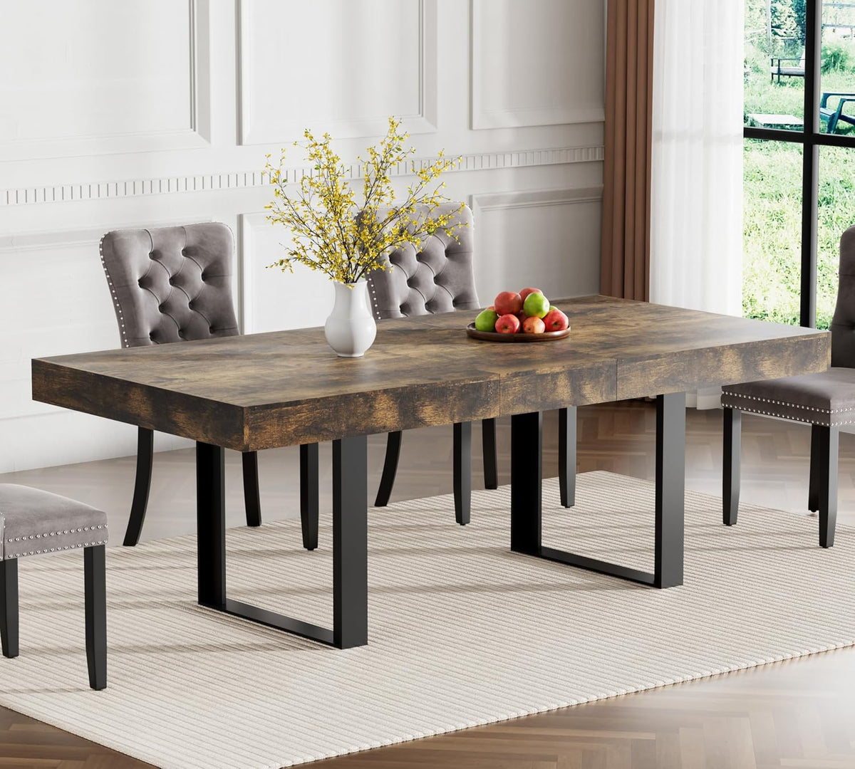63"-78.7" Extendable Dining Table Set of 6, Rustic Brown Kitchen Dining Table & 6 Upholstered Velvet Chairs with Wood Leg, Modern 7 Piece Wood Expandable Kitchen Table Set