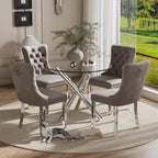 Modern Silver Round Glass Dining Table Set for 4, 36'' Luxury Minimalist Circle Dinette Room Set, 5 PCS Clear Circular Glass Top Kitchen Set, Grey High-end Tufted Chairs, for Small Place