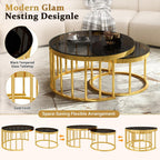 Round Nesting Coffee Table Set of 2 with Gold Frame & Mirrored Top, Black | Modern Circular Cocktail Tables with Tempered Glass, Space-Saving for Living Room & Apartment
