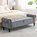 Storage Bench 67" Linen End of Bed Benches Grey | King Size Storage Bench for Bedroom with Rolled Arms Tufted Ottoman Benches Upholstered Bench for Living Room Entryway