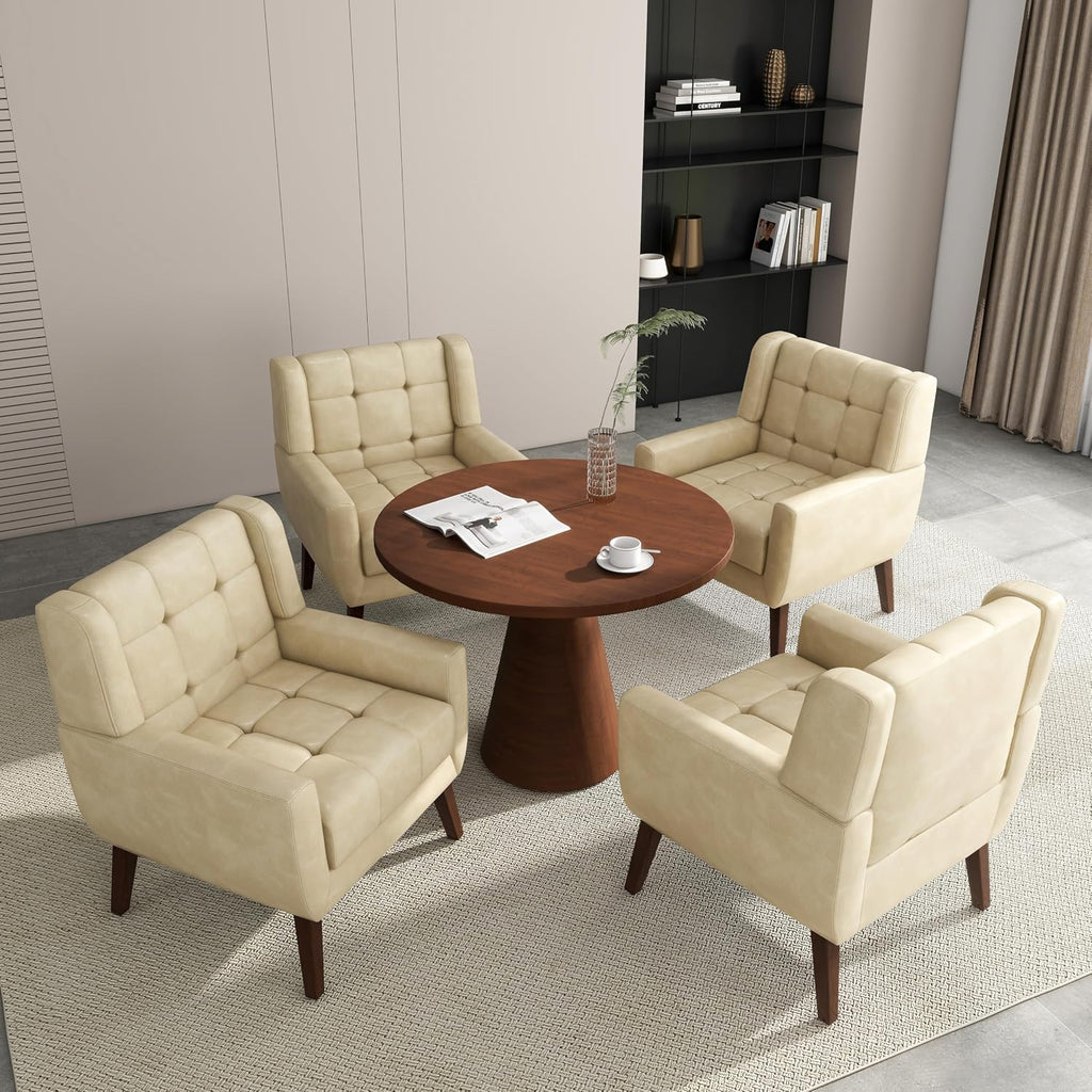 Accent Chair, Comfy Mid Century Modern Small Armchairs with Solid Wood Frame and Soft Cushion for Living Room, Bedroom (Faux Leather, Cream, Set of 2)