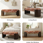 VKNOW 50" Upholstered Ottoman Bench with Botanical Pattern, Oval Entryway Bench with Solid Curved Bentwood Legs, Accent End of Bed Bench for Bedroom, Dining Bench for Dining Room, Living Room, Rust