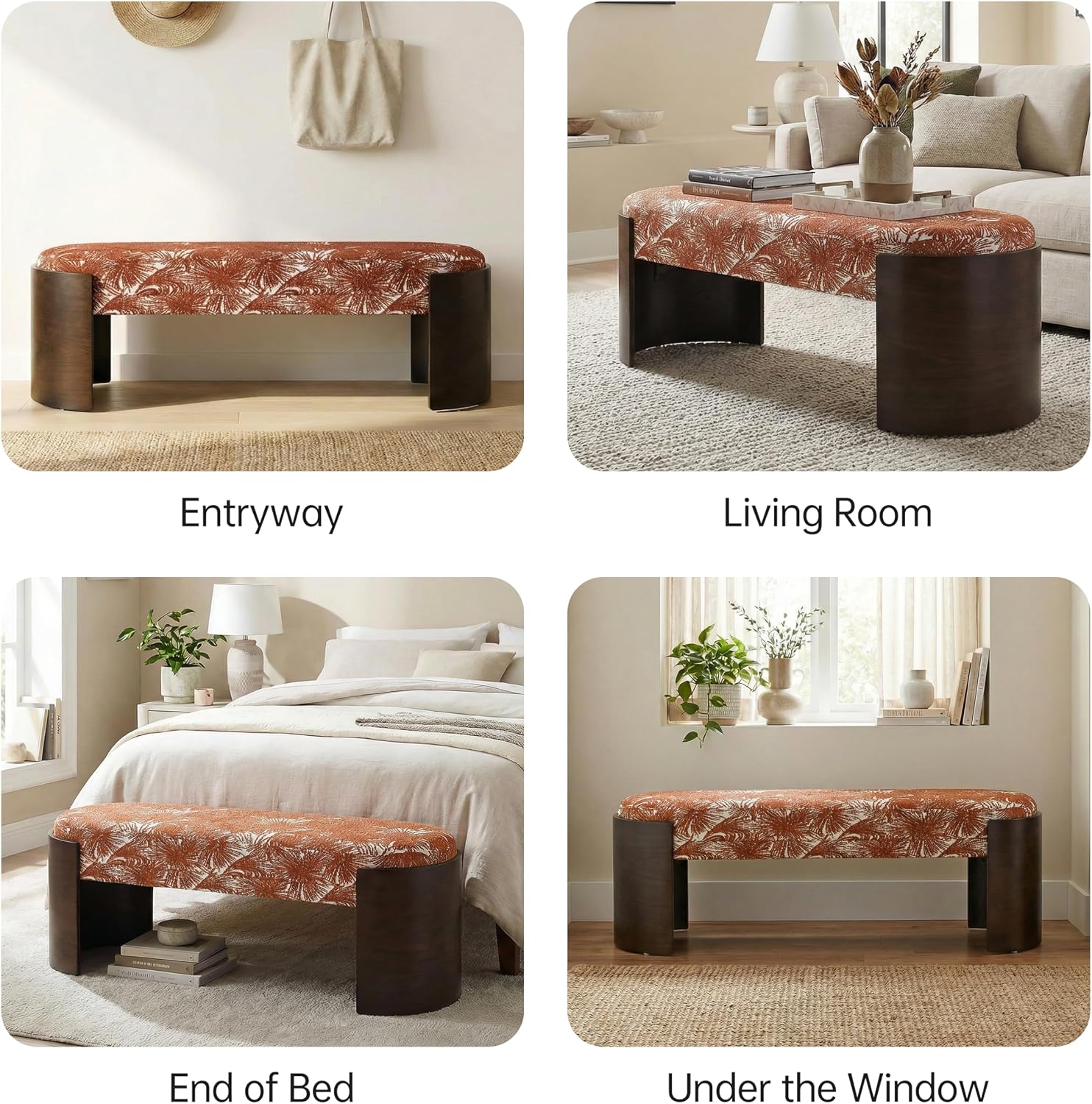 VKNOW 50" Upholstered Ottoman Bench with Botanical Pattern, Oval Entryway Bench with Solid Curved Bentwood Legs, Accent End of Bed Bench for Bedroom, Dining Bench for Dining Room, Living Room, Rust