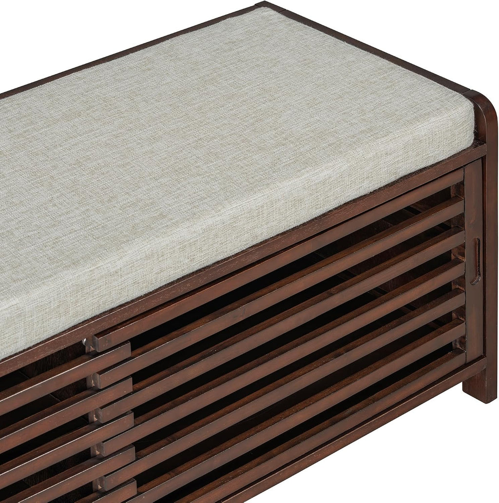 SOFTSEA Shoe Storage Bench with Cushion, 2-Tier Entryway Bench with Sliding Shutter Doors for Entryway, Bedroom, Living Room, Farmhouse Style, 43.3" W x 15.4" D x 16.5" H (Espresso)
