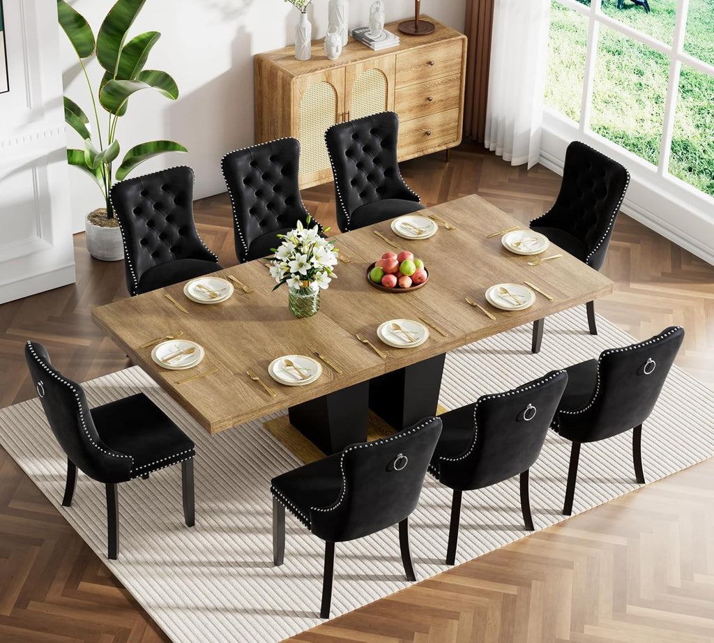 Rustic 9 Piece Dining Table Set, 62.99"-78.74" Extendable Dining Table & 8 Black Velvet Dining Chairs with Wood Leg, Brown Expandable Dining Room Table and Chairs Set