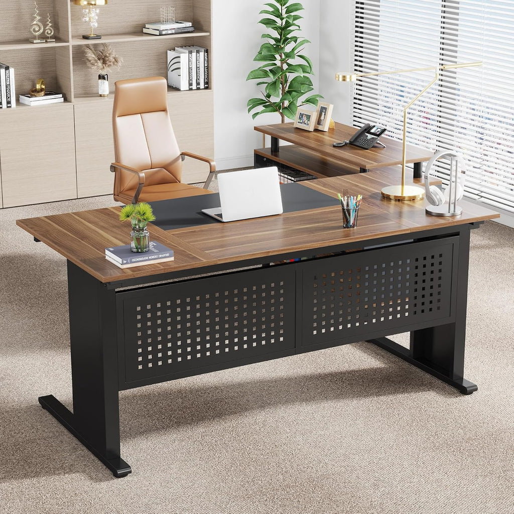 Tribesigns 63 Inch Executive Desk with Filing Cabinet, L Shaped Office Desk | Large Office Desk with File Drawer, L Shaped Desk with Storage, Computer Desk for Home Office, Easy Assembly, Brown and Black