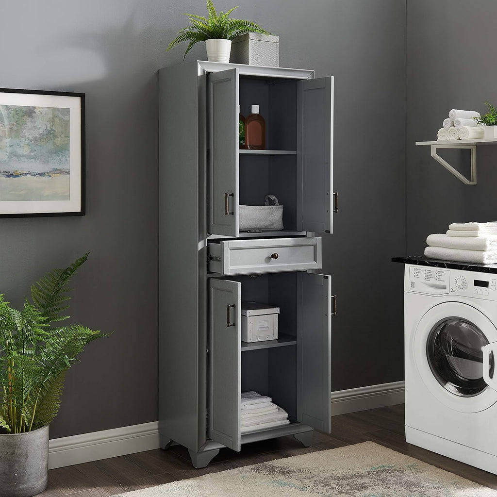 Crosley Furniture Tara Pantry Storage Cabinet with Shelves, Kitchen, Dining, or Laundry Room, Distressed Gray