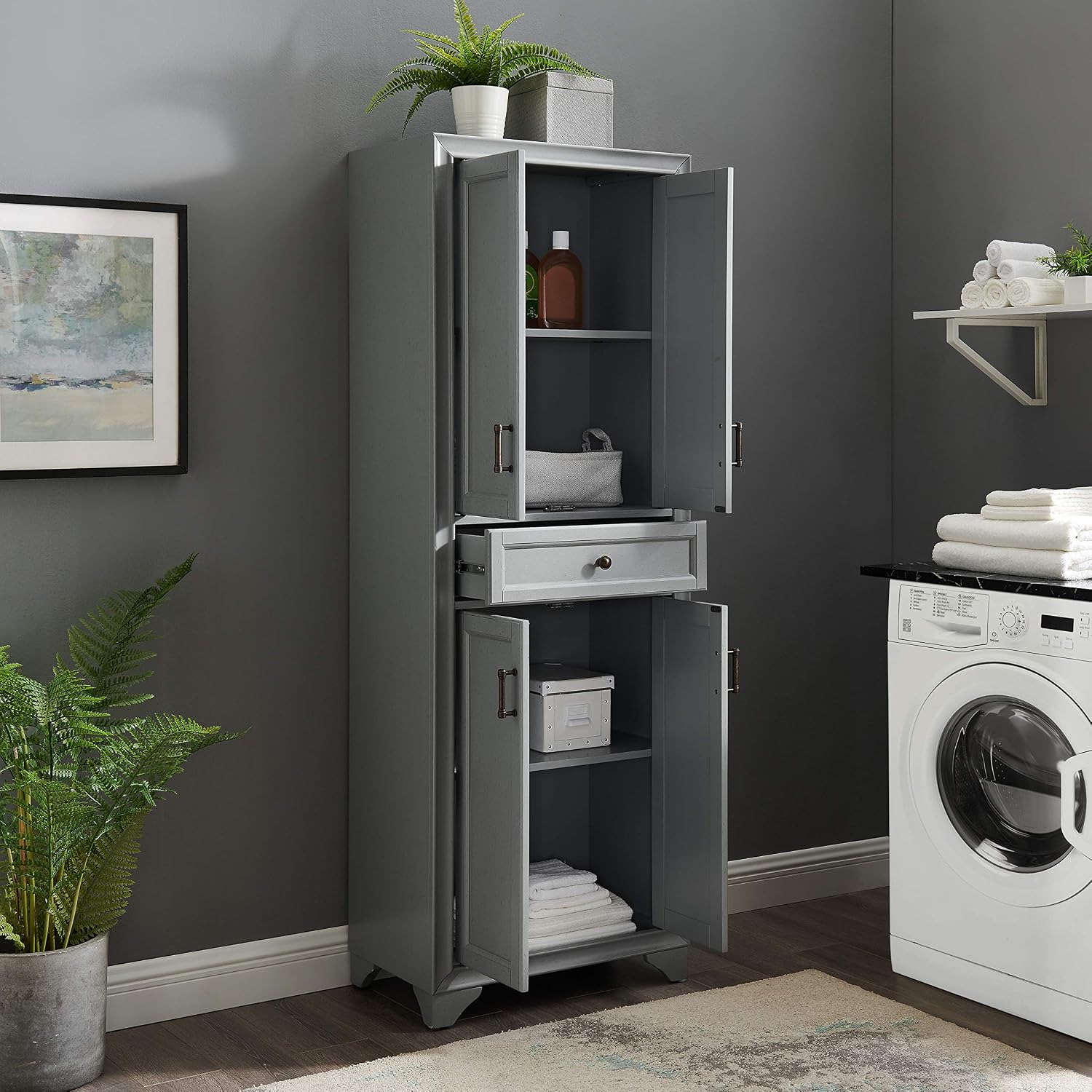 Crosley Furniture Tara Pantry Storage Cabinet with Shelves, Kitchen, Dining, or Laundry Room, Distressed Gray