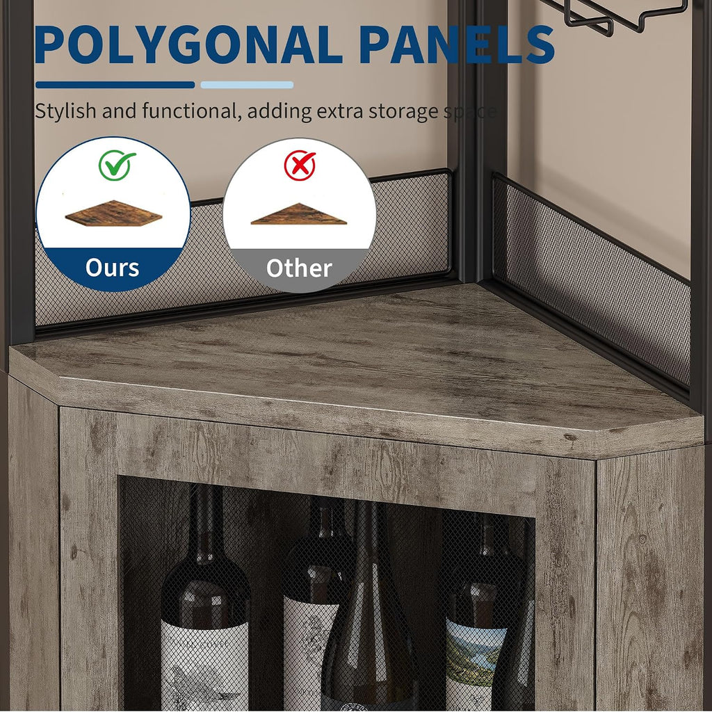 GAOMON Corner Wine Cabinet with Wine Rack and Glass Holder 5 Tier Modern Corner Wine Cabinet Corner Bar Cabinet Industrial Liquor Cabinets for Kitchen, Living Room, Dining Room,Grey