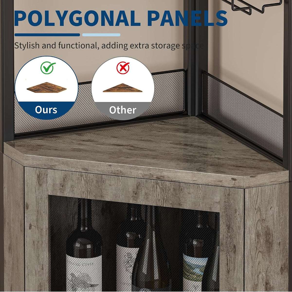 GAOMON Corner Wine Cabinet with Wine Rack and Glass Holder 5 Tier Modern Corner Wine Cabinet Corner Bar Cabinet Industrial Liquor Cabinets for Kitchen, Living Room, Dining Room,Grey