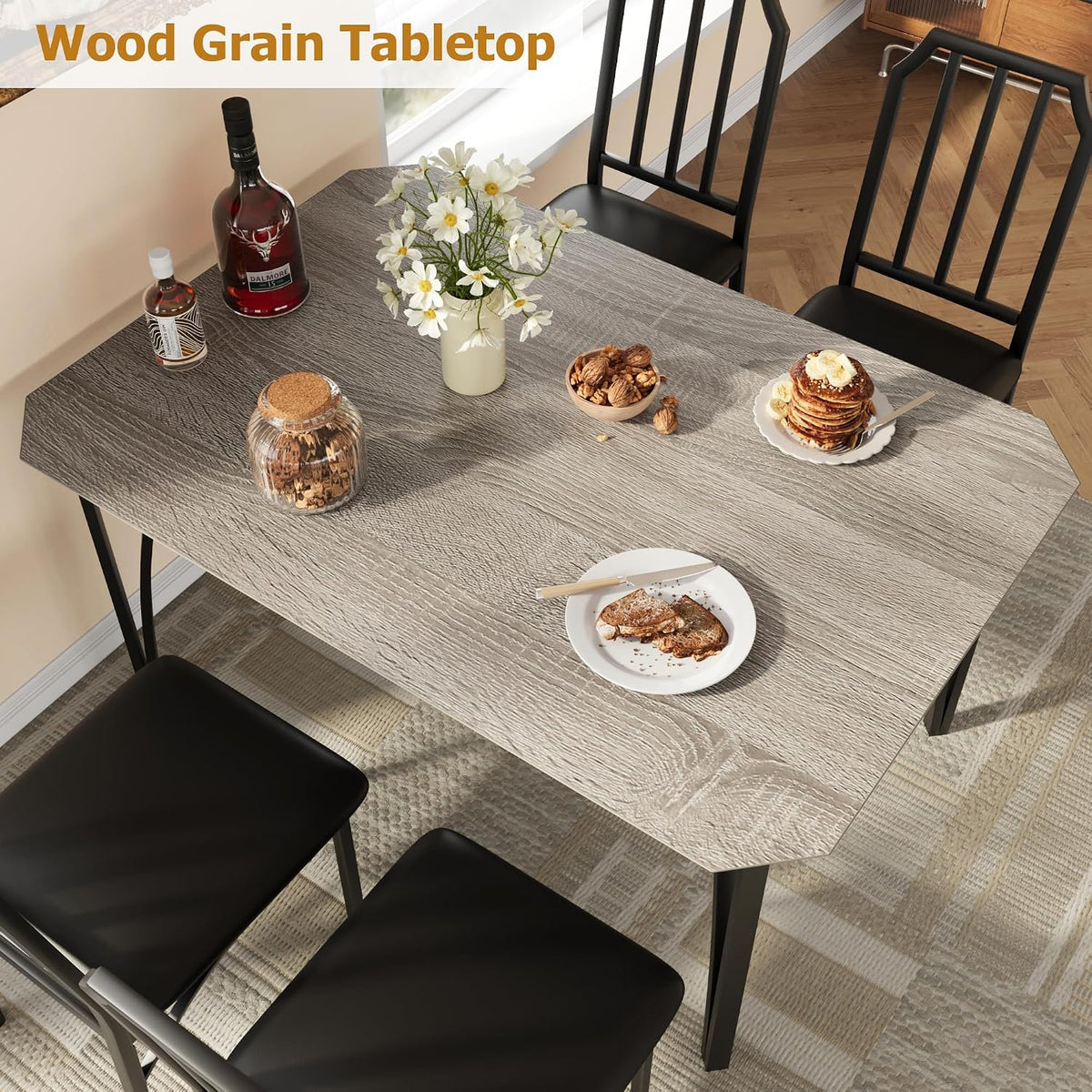 GAOMON 5-Piece Dining Table Set for 4, Modern Kitchen Table with Chamfered Design and Upholstered Chairs, Leather-Cushioned Seats for Small Spaces and Apartments, Space-Saving (Gray/Black,5 Pack)