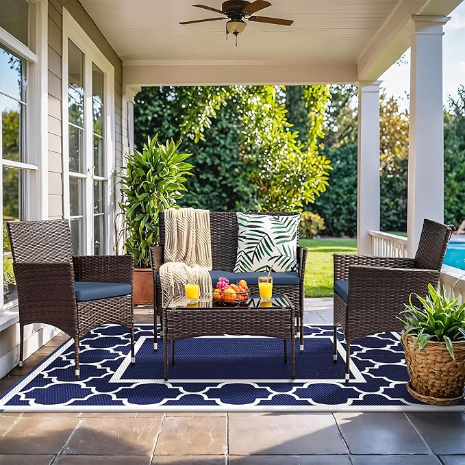 GENIMO Outdoor Rug 8' x 10' Patio Waterproof, Foldable Reversible Plastic Straw Area Rugs Mat for Camper Decor, Outside Carpet for Rv, Deck, Porch, Picnic, Beach, Balcony, Blue & White