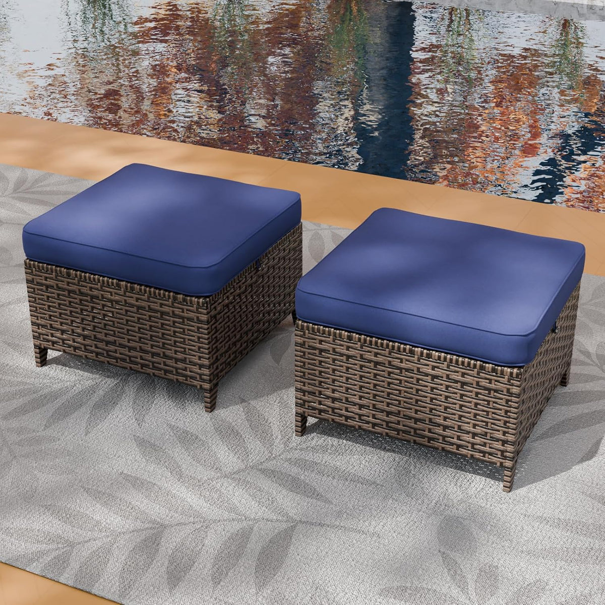 Canyon Ridge Wicker Outdoor Ottomans Set of 2, Patio Ottoman Foot Rest for Couch with Removable Cushions for Patio, Deck, Backyard and Poolside, Brown/Blue