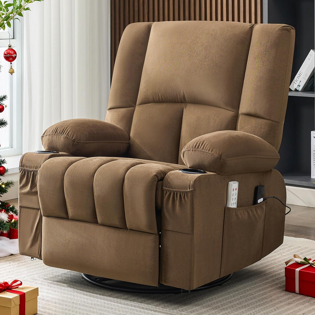 Oversized Recliner Chairs for Adults, 270° Swivel Rocker Recliner with Heat and Massage Lazy Boy Recliner,Recliner Chairs Single Sofa Seat with Cup Holders (Brown,Electric)