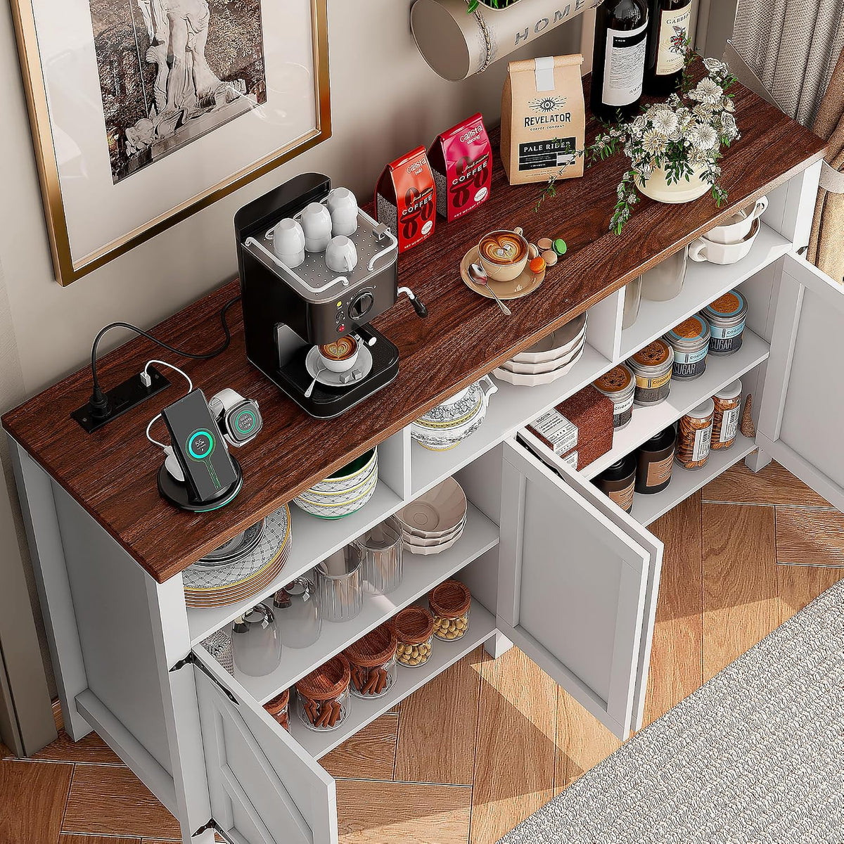 knoworld Buffet Sideboard with Storage with Power Outlets & LED Light 4 Doors, 55'' Large Farmhouse Kitchen Storage Cabinet Wood Coffee Bar Cabinet Buffet Table for Kitchen, Dining Room,55"W White LED