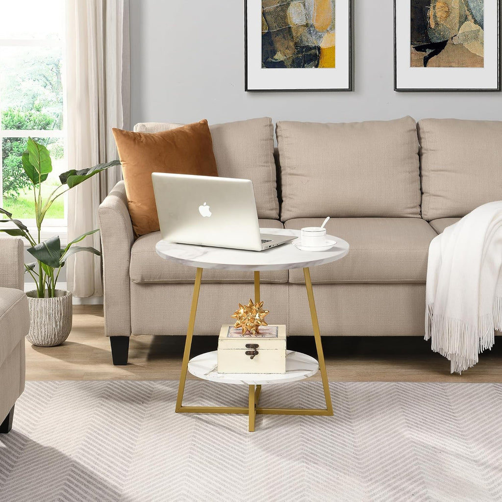 D&H FURNIMMT 20" Living Room Side Table Set of 2 for Small Spaces, 2 Tier Wood Top Round End Tables with Storage Shelf, Accent Sofa Table for Bedroom, Office, Sunroom, Balcony, White Faux Marble/Gold