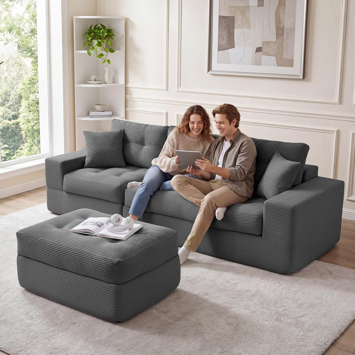 100" L Shaped Cloud Couch with Ottoman, Couches for Living Room | Modular Sectional Sofa, Upholstered Cloud Sofa with Layered Cushion, Dark Grey Sectional Couch, No Assembly