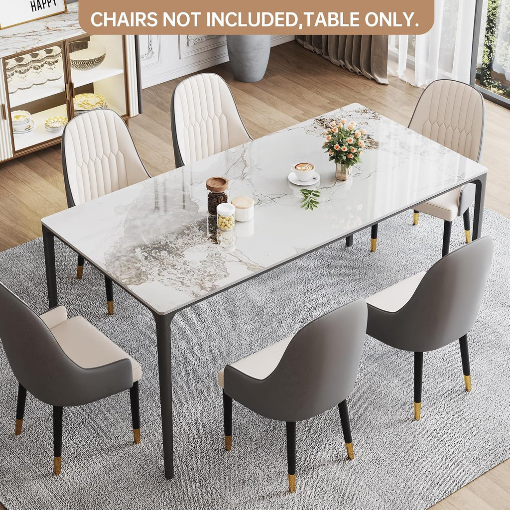 63" Dining Table with Laminate Marble Sintered Stone White Tabletop and Metal Legs, Kitchen Table, Dining Room Table for 4-6 People, Scratch Resistant, Easy to Clean