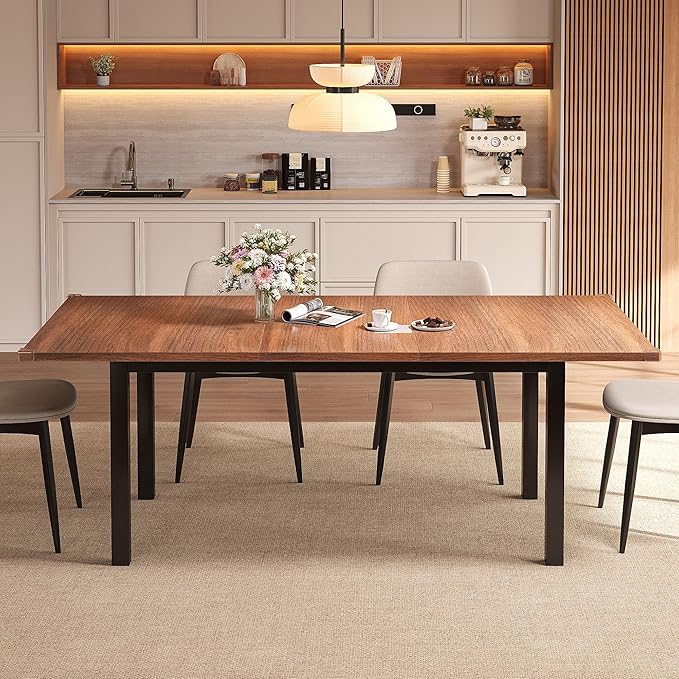 Extendable Dining Table for 4-6, 63" Modern Kitchen Table, Farmhouse Dining Room Tables for Dining, Kitchen, Office, Living Room, Rectangular Wooden Tables, Space Saving (Walnut)