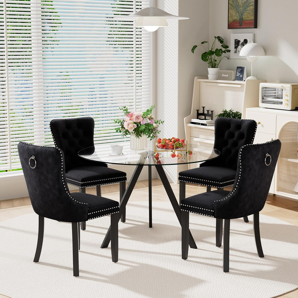 5-Piece 39" Round Glass Dining Table Set with 4 Velvet Upholstered Chairs, Dining Chairs with Solid Wood Legs, Modern Kitchen Table with Triangular Metal Base for Dining Room(Black)