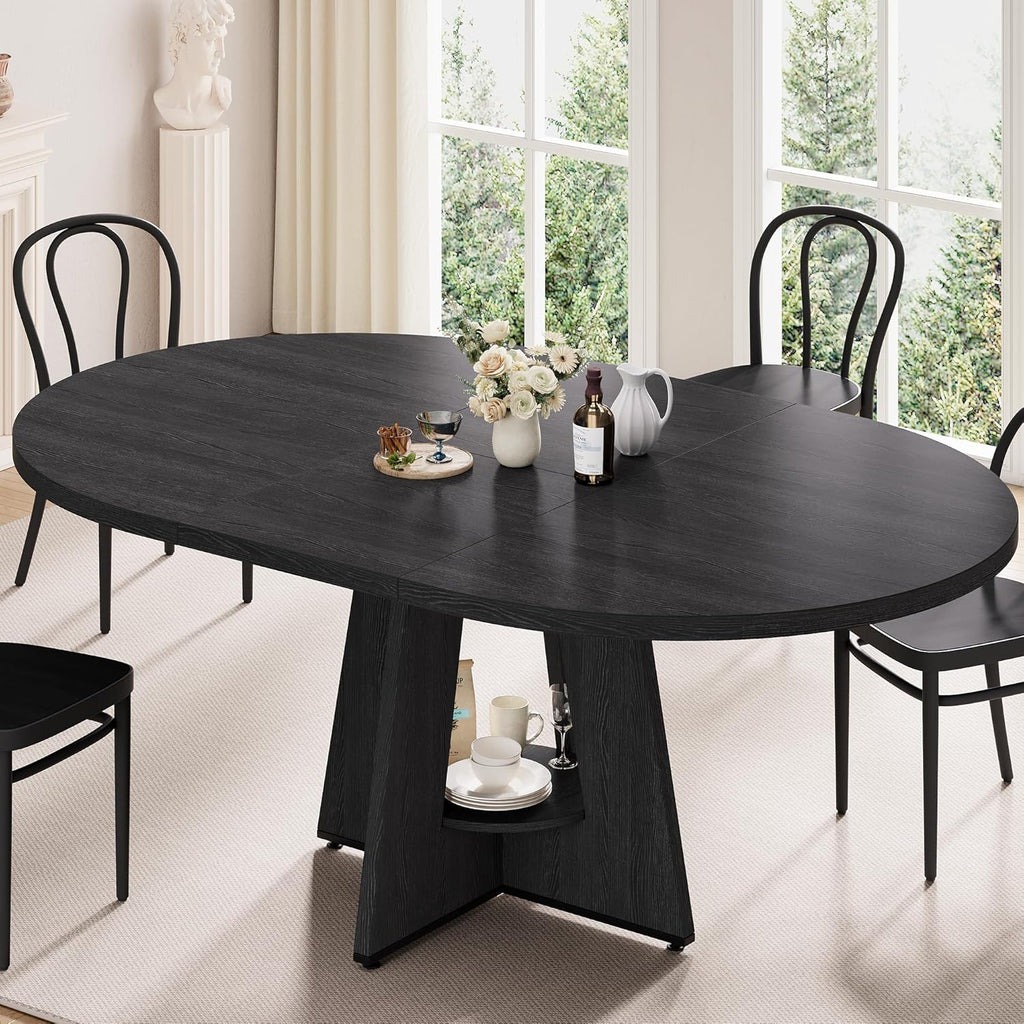 43''–59'' Extendable Dining Table, Round Kitchen Dining Room Dinner Table with for 4 6 8 People, Space Saving Modern Oval Expandale Furniture with Storage and Pedestal for Kitchen Living Room (Black)