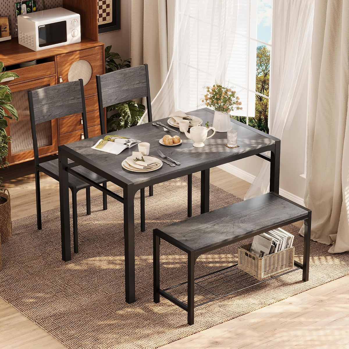 Shahoo Kitchen Table and 2 Chairs for 4 with Bench | 4 Piece Dining Sets for Small Space, Dark Grey