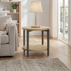 Furniture of America Onos Modern Solid Wood 26.6-inch Round End Table with Open Bottom Shelf, Metal Legs for Living Room, Natural