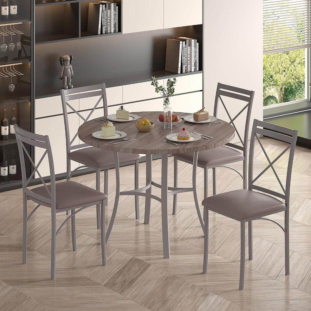 VECELO 5 Piece Dining Table Set for 4, Wood Grain Dinette with Chairs for Kitchen, Breakfast Nook, Small Space, Light Grey