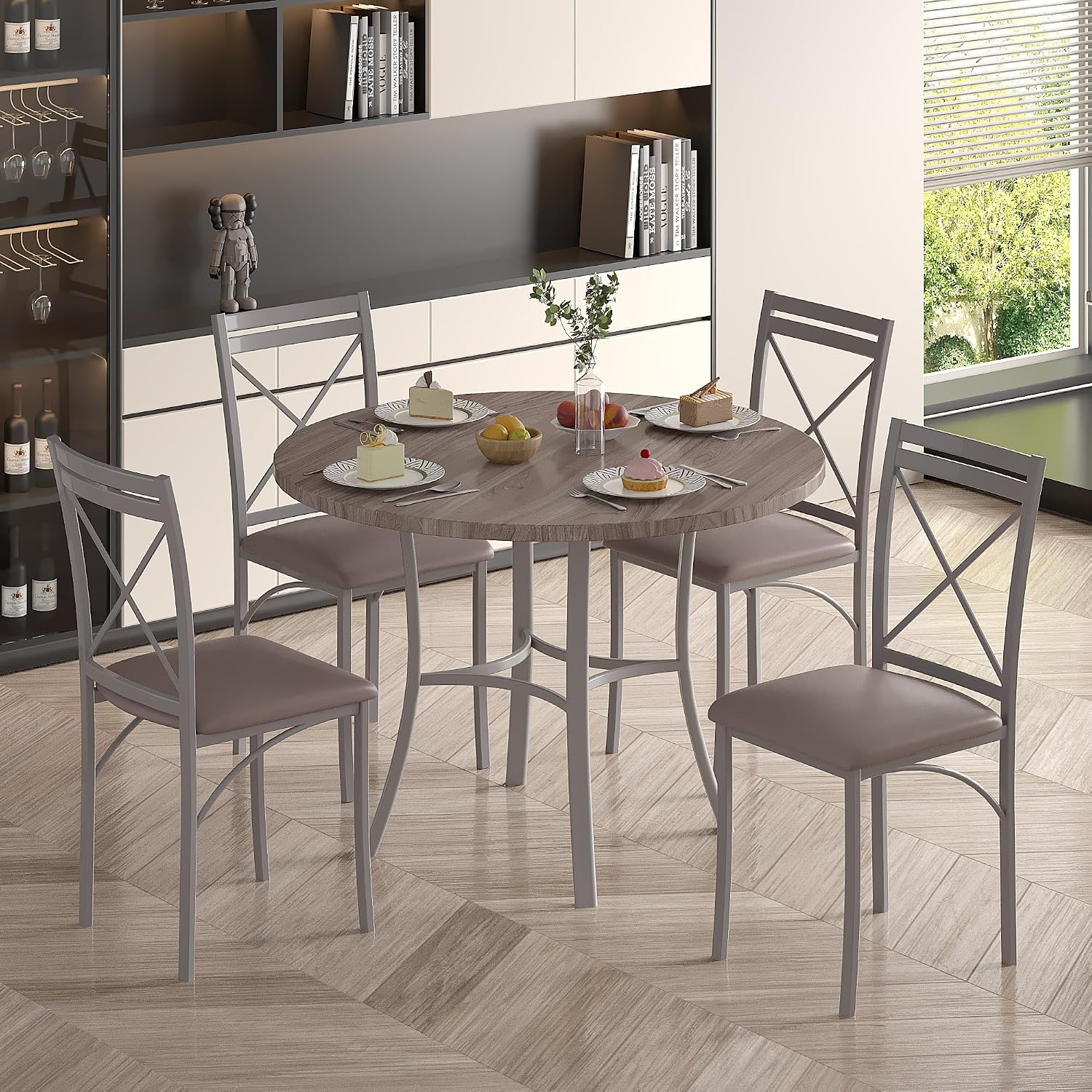 VECELO 5 Piece Dining Table Set for 4, Wood Grain Dinette with Chairs for Kitchen, Breakfast Nook, Small Space, Light Grey