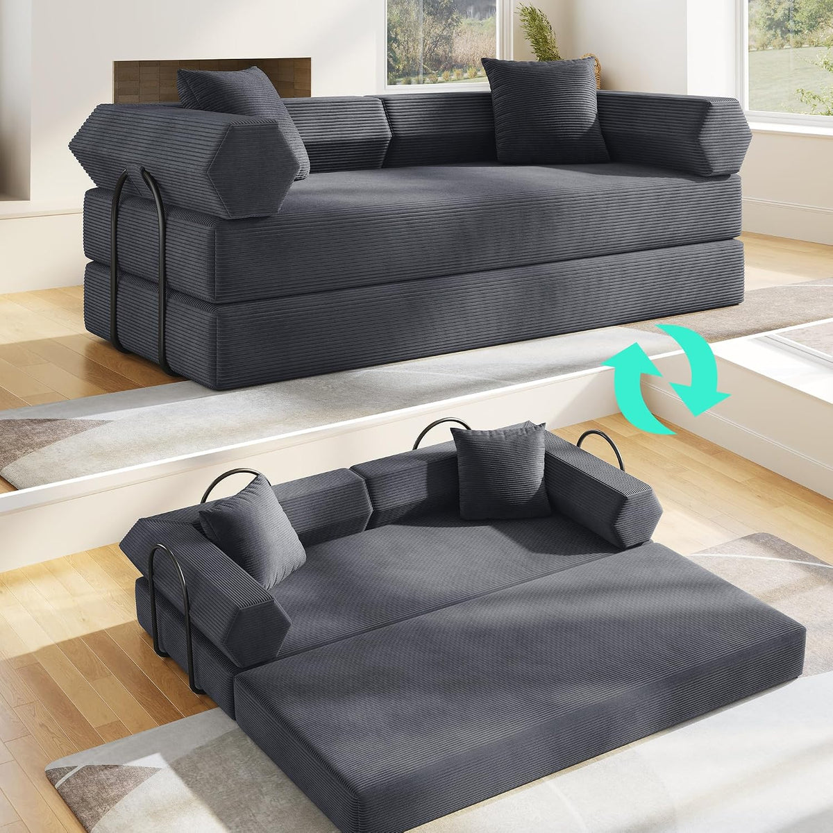 79" Convertible Futon Sofa Bed, Couch for Living Room | Dark Gray | Modular Sleeper Sofa, Corduroy Pull Out Floor Couch Loveseat with Fixed-Shape Frame, No Assembly
