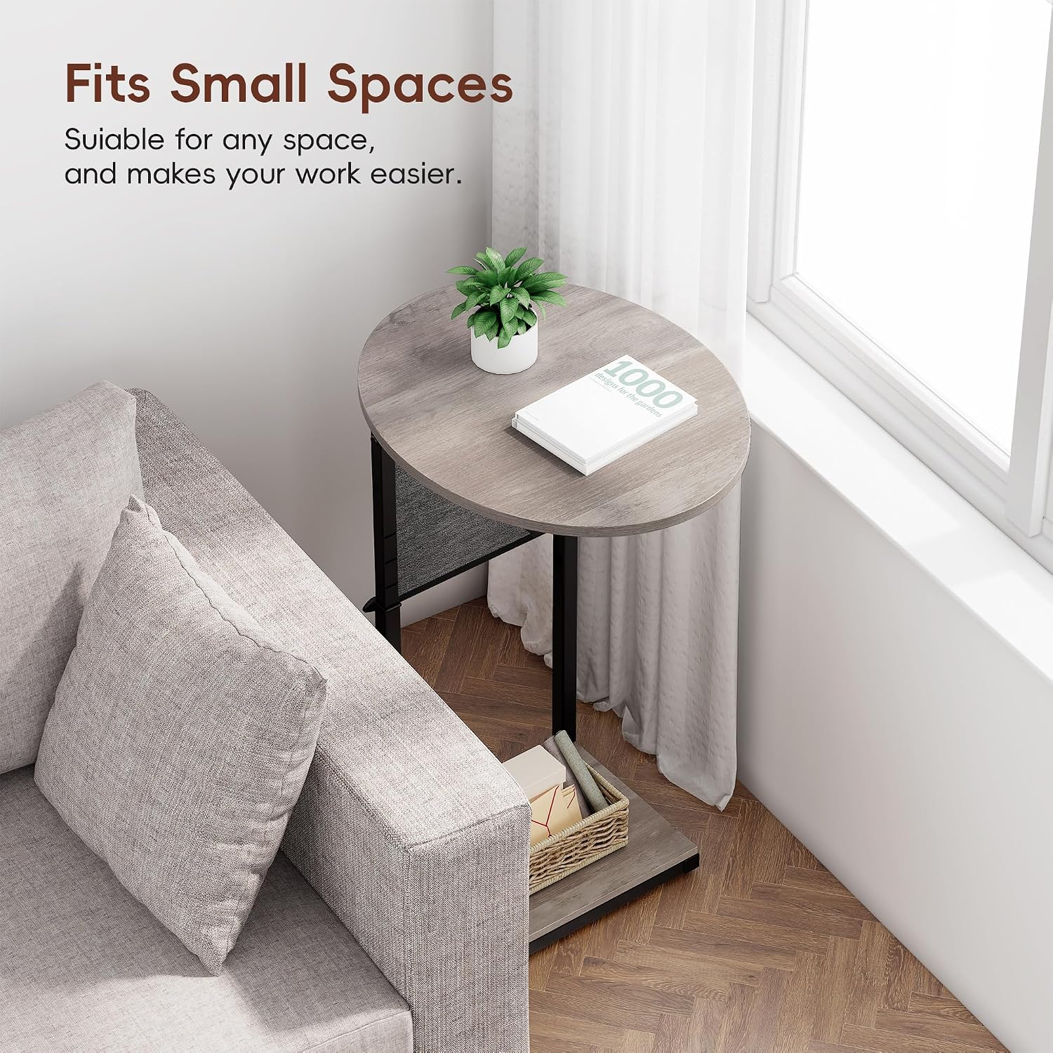 Vagusicc C Shaped End Table, Adjustable Height Small Side Table for Couch and Recliner, 32" Tall Couch Side Table Slide Under Sofa Tray Desk with Storage Bag for Living Room and Bedroom, Greige