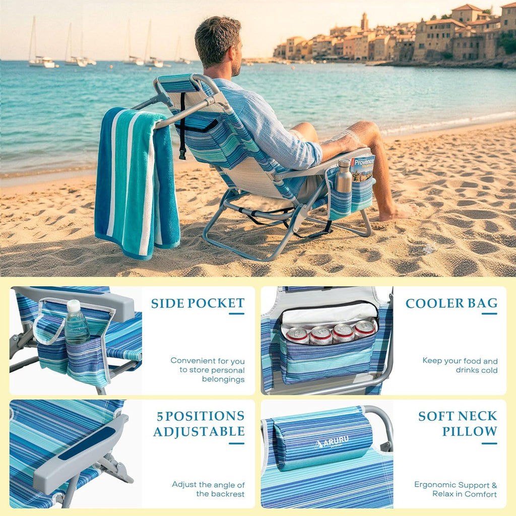 Beach Chairs for Adults, Portable Folding Backpack Beach Chair Heavy Duty 5-Position Lay Flat with Cooler Bag, Cup Holder for Outdoor/Lawn/Trip/Picnic/Fishing/Camping