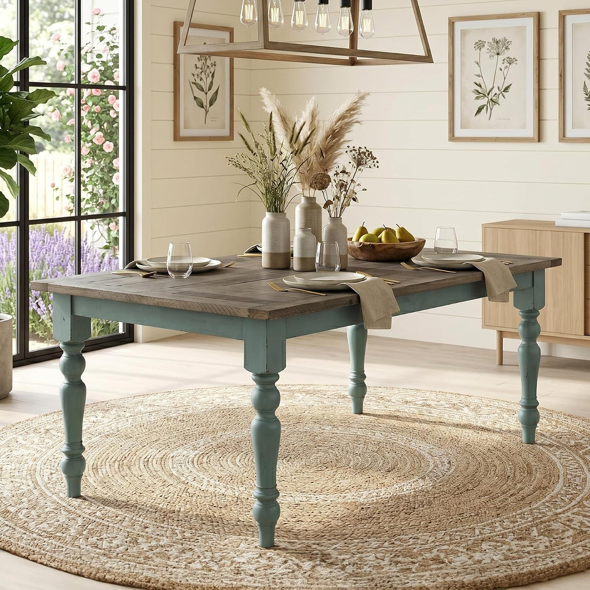 Roundhill Furniture Prato 6-Piece Dining Set, Dining Table with 4 Cross Back Chairs and Bench, Antique Blue and Distressed Walnut Finish